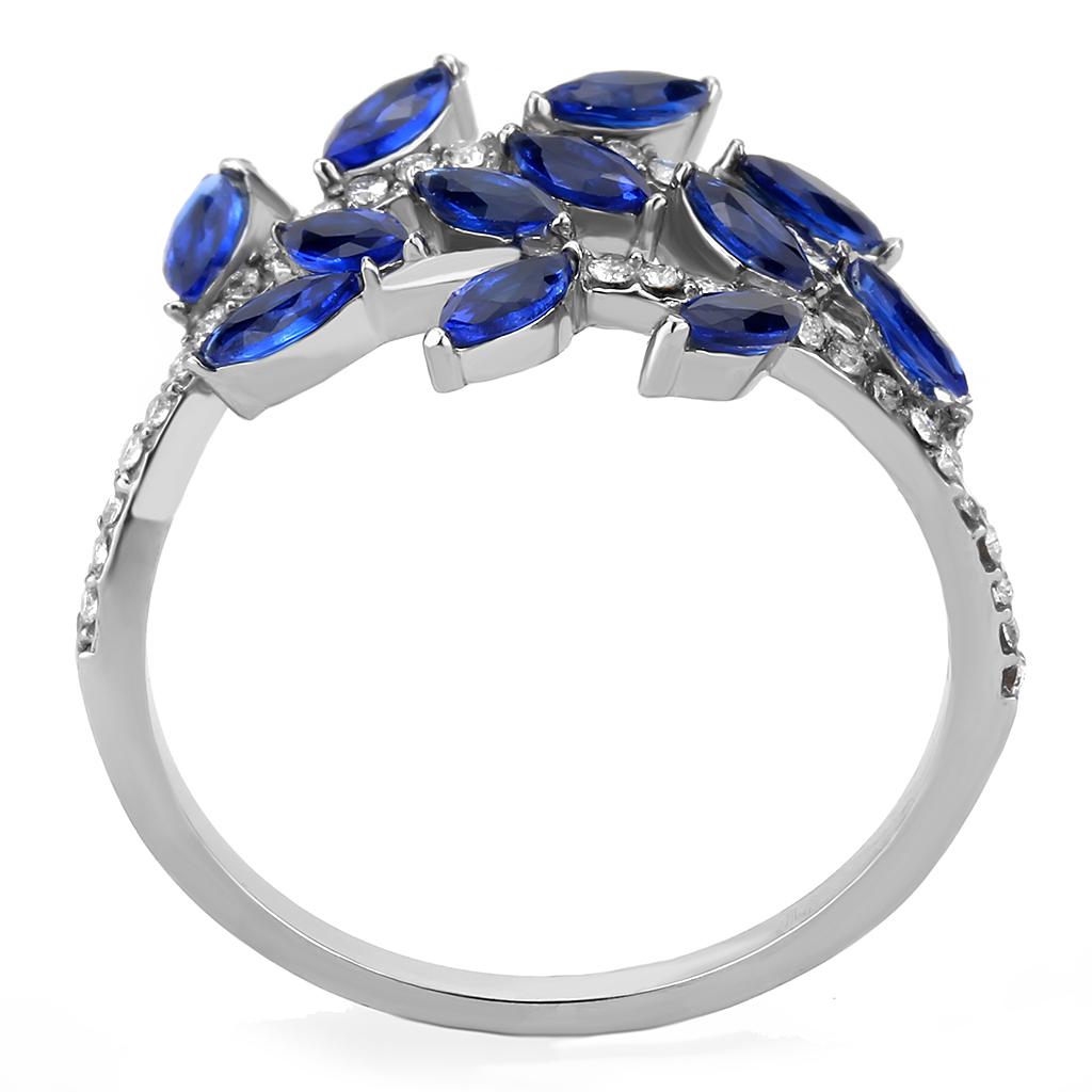 DA274 High Polished Stainless Steel Ring featuring a London Blue Spinel center stone, showcasing a sleek and modern design.