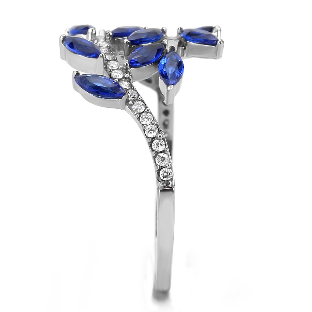 DA274 High Polished Stainless Steel Ring featuring a London Blue Spinel center stone, showcasing a sleek and modern design.