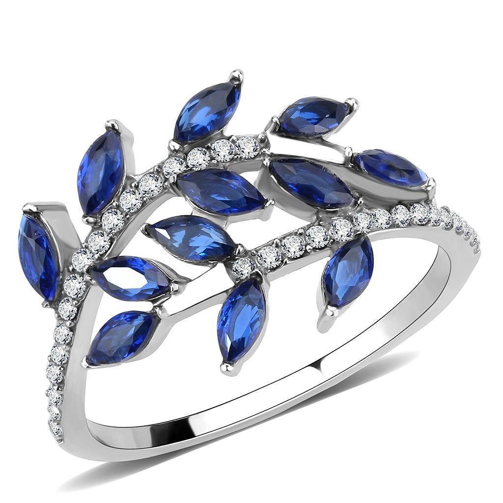 DA274 High Polished Stainless Steel Ring featuring a London Blue Spinel center stone, showcasing a sleek and modern design.