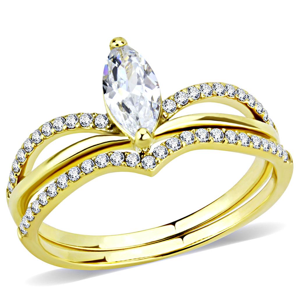 DA276 IP Gold Stainless Steel Ring featuring AAA Grade CZ, showcasing its elegant design and clear center stone.