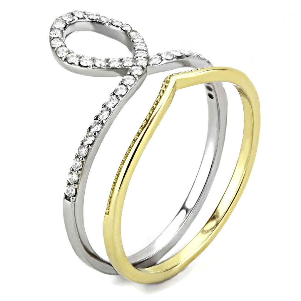 DA278 Two-Tone IP Gold Stainless Steel Ring featuring a clear AAA grade CZ stone, showcasing a luxurious design and elegant finish.