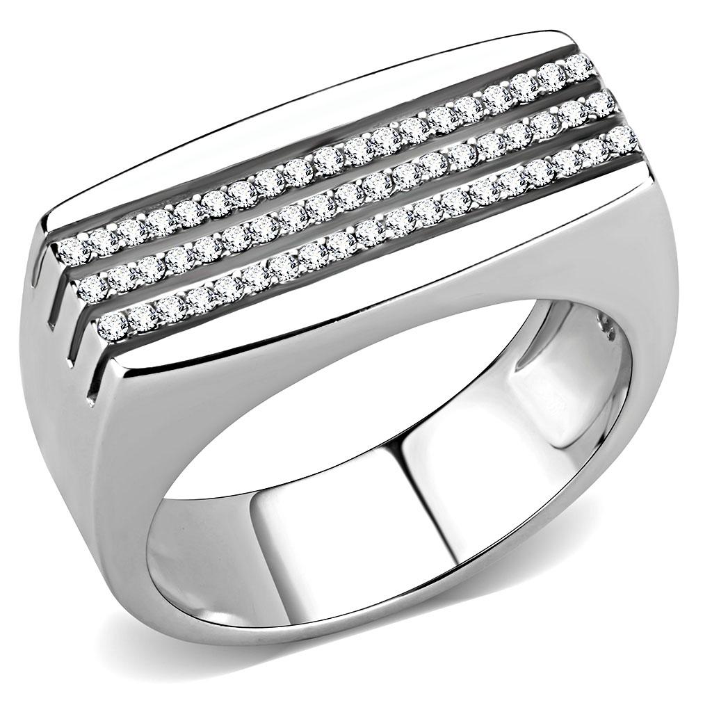 DA279 High Polished Stainless Steel Ring featuring a clear AAA Grade CZ center stone, showcasing its elegant design and shiny finish.