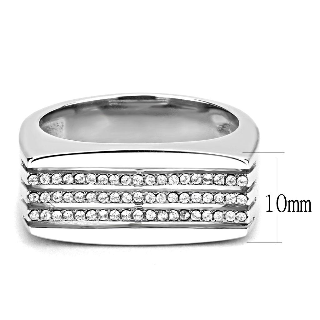 DA279 High Polished Stainless Steel Ring featuring a clear AAA Grade CZ center stone, showcasing its elegant design and shiny finish.