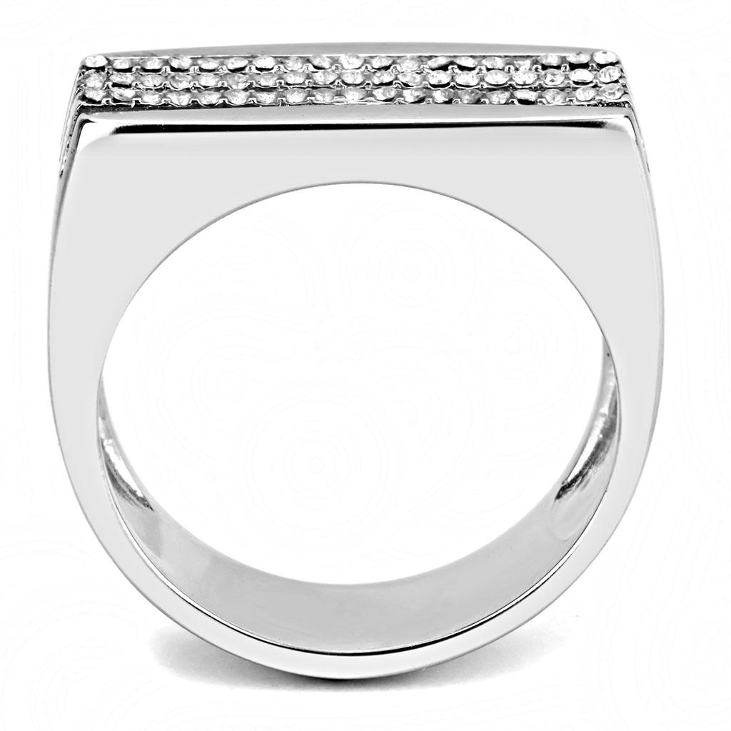 DA279 High Polished Stainless Steel Ring featuring a clear AAA Grade CZ center stone, showcasing its elegant design and shiny finish.
