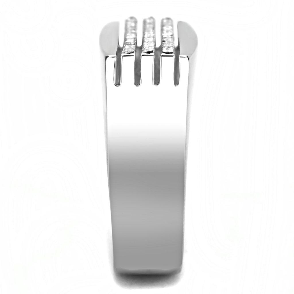 DA279 High Polished Stainless Steel Ring featuring a clear AAA Grade CZ center stone, showcasing its elegant design and shiny finish.