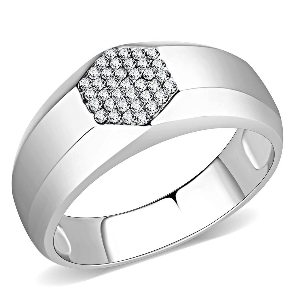 DA281 High Polished Stainless Steel Ring featuring a clear AAA Grade CZ stone, showcasing its elegant design and shiny finish.