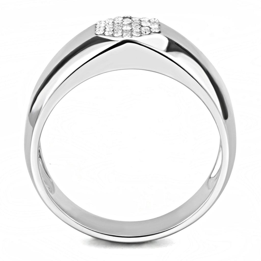 DA281 High Polished Stainless Steel Ring featuring a clear AAA Grade CZ stone, showcasing its elegant design and shiny finish.