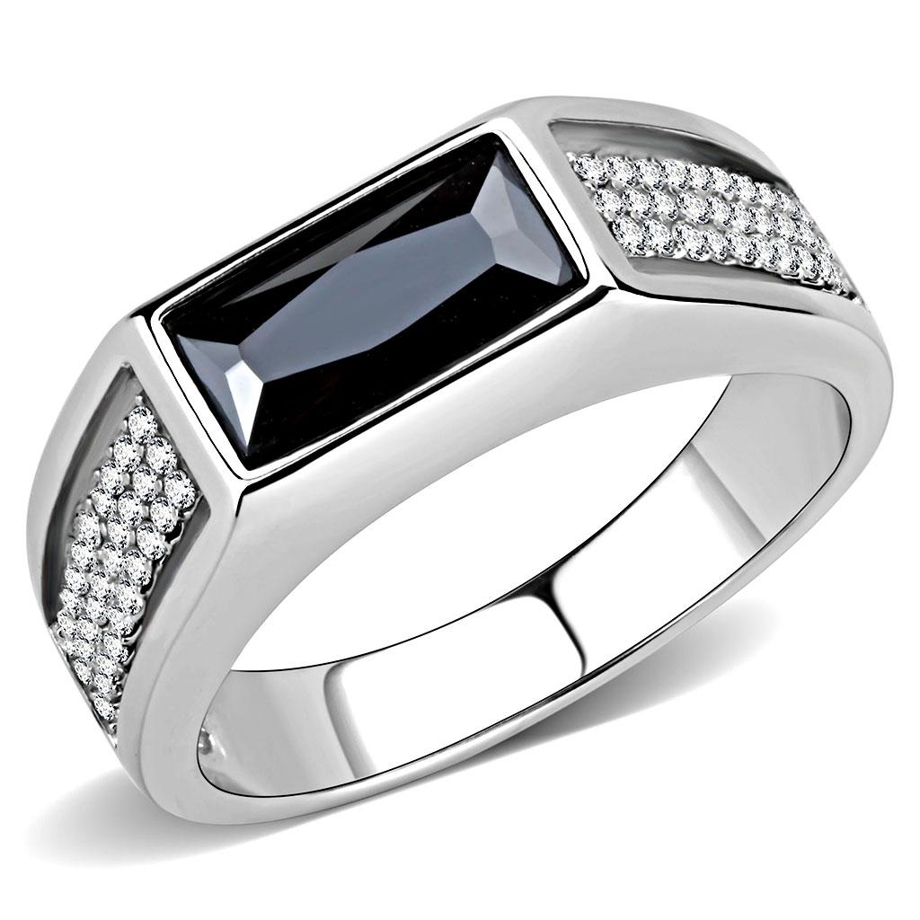 DA284 High Polished Stainless Steel Ring featuring a AAA Grade Black Diamond center stone, showcasing its elegant design and shine.