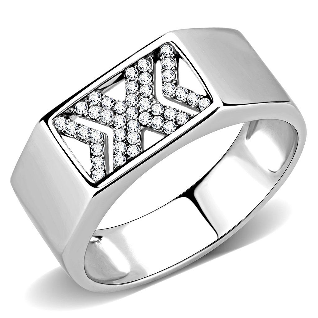 DA285 High Polished Stainless Steel Ring featuring a clear AAA Grade CZ center stone, showcasing its elegant design and shiny finish.