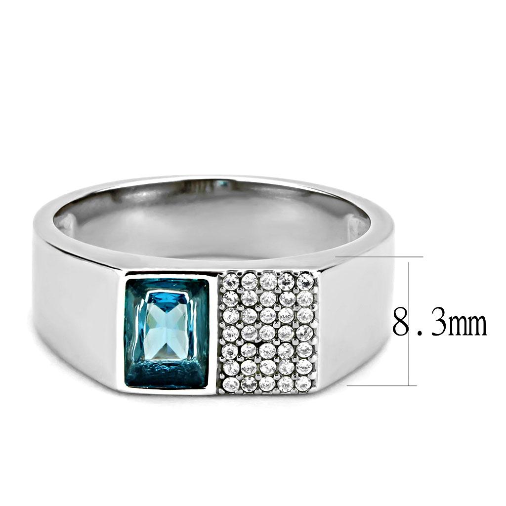 DA287 High Polished Stainless Steel Ring featuring a synthetic sea blue stone, showcasing its elegant design and polished finish.