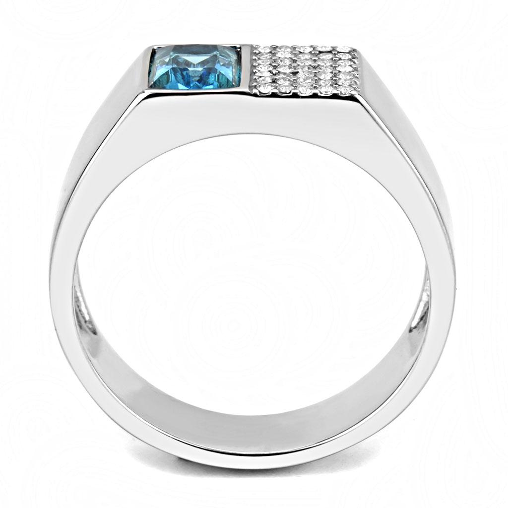 DA287 High Polished Stainless Steel Ring featuring a synthetic sea blue stone, showcasing its elegant design and polished finish.