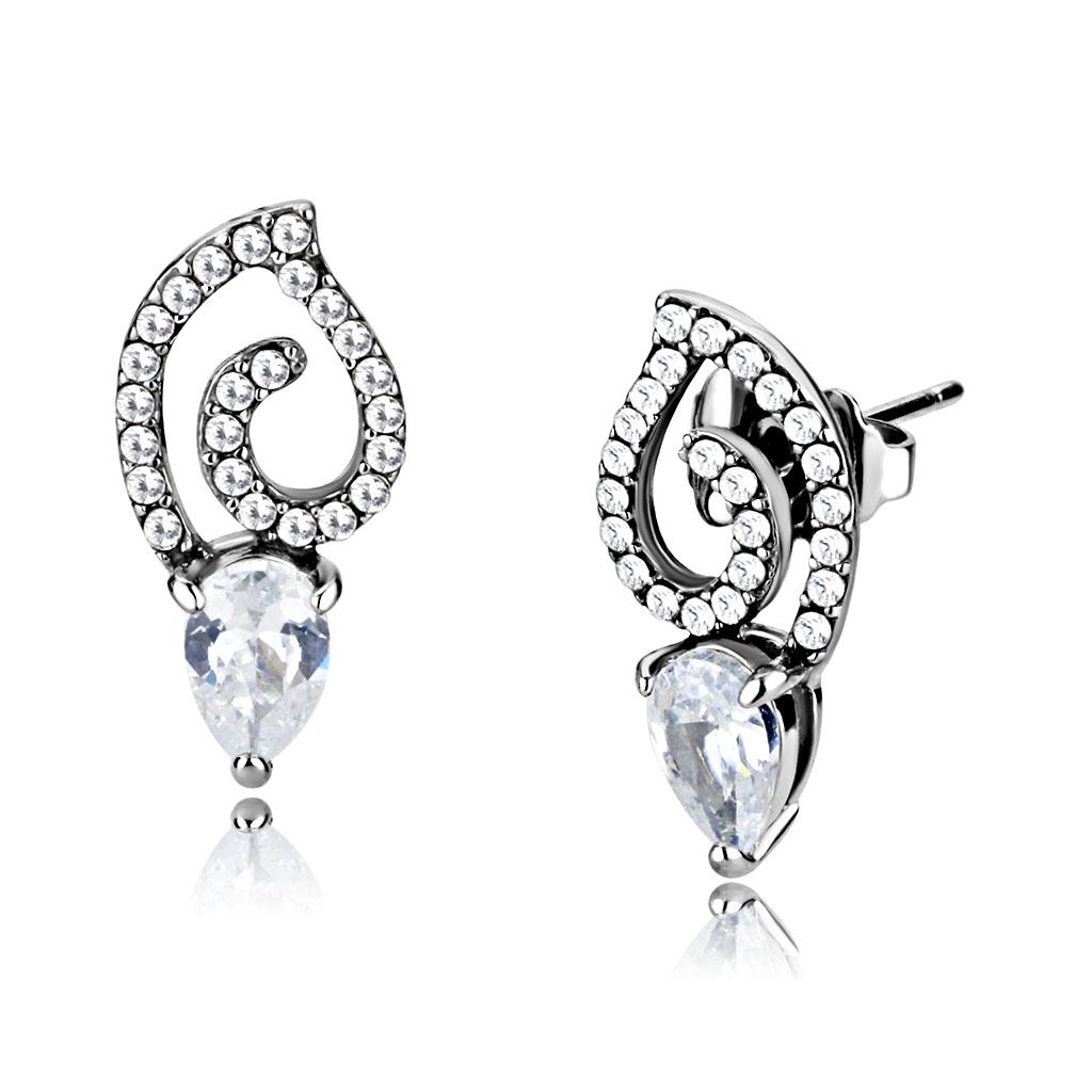 DA291 High Polished Stainless Steel Earrings featuring AAA Grade Clear CZ center stone, showcasing a shiny and elegant design.