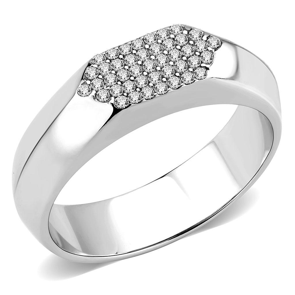 DA302 No Plating Stainless Steel Ring featuring a clear AAA Grade CZ stone, showcasing its elegant design and durable material.
