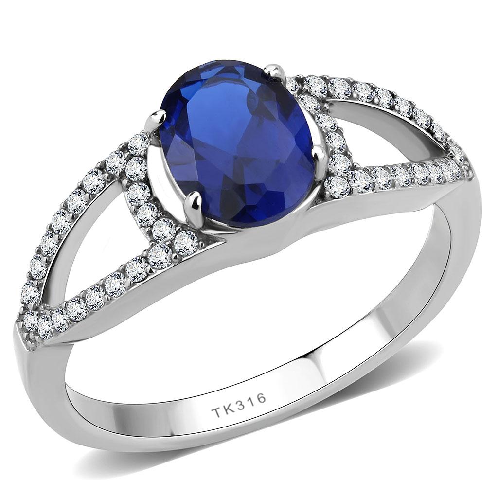 DA306 No Plating Stainless Steel Ring featuring a vibrant London Blue Synthetic Spinel, showcasing its elegant design and craftsmanship.