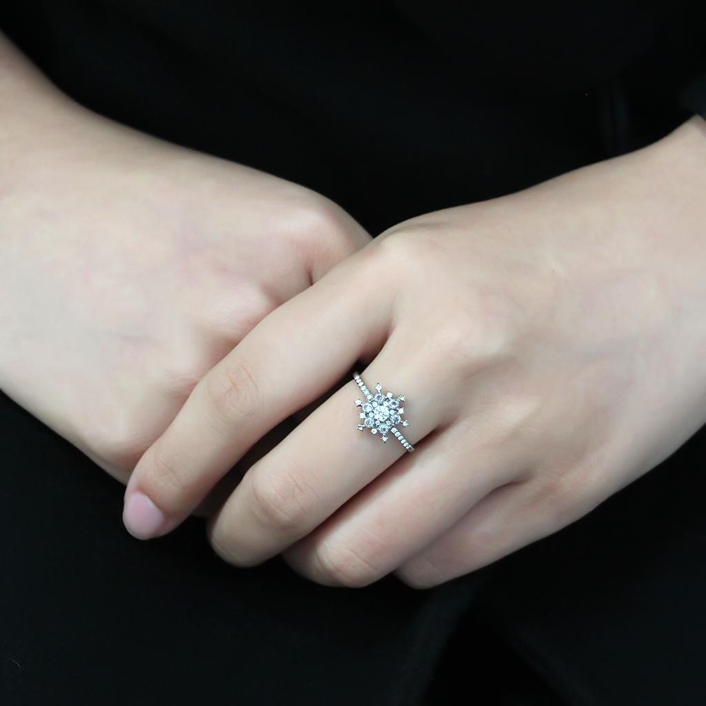 DA317 No Plating Stainless Steel Ring featuring a clear AAA Grade CZ stone, showcasing its sleek design and brilliance.