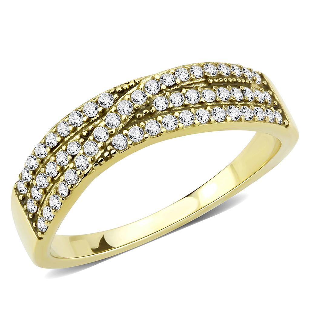 DA321 IP Gold Stainless Steel Ring featuring AAA Grade CZ center stone, showcasing its elegant design and shiny finish.