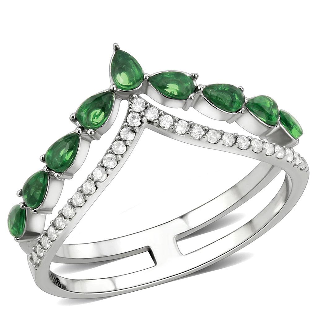 DA347 High Polished Stainless Steel Ring featuring a vibrant synthetic emerald stone, showcasing its elegant design and polished finish.