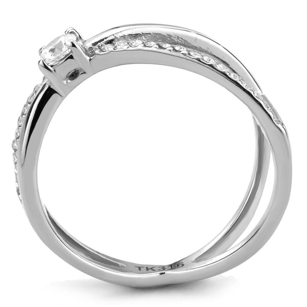 DA351 High Polished Stainless Steel Ring featuring a clear AAA Grade CZ stone, showcasing its elegant design and shiny finish.