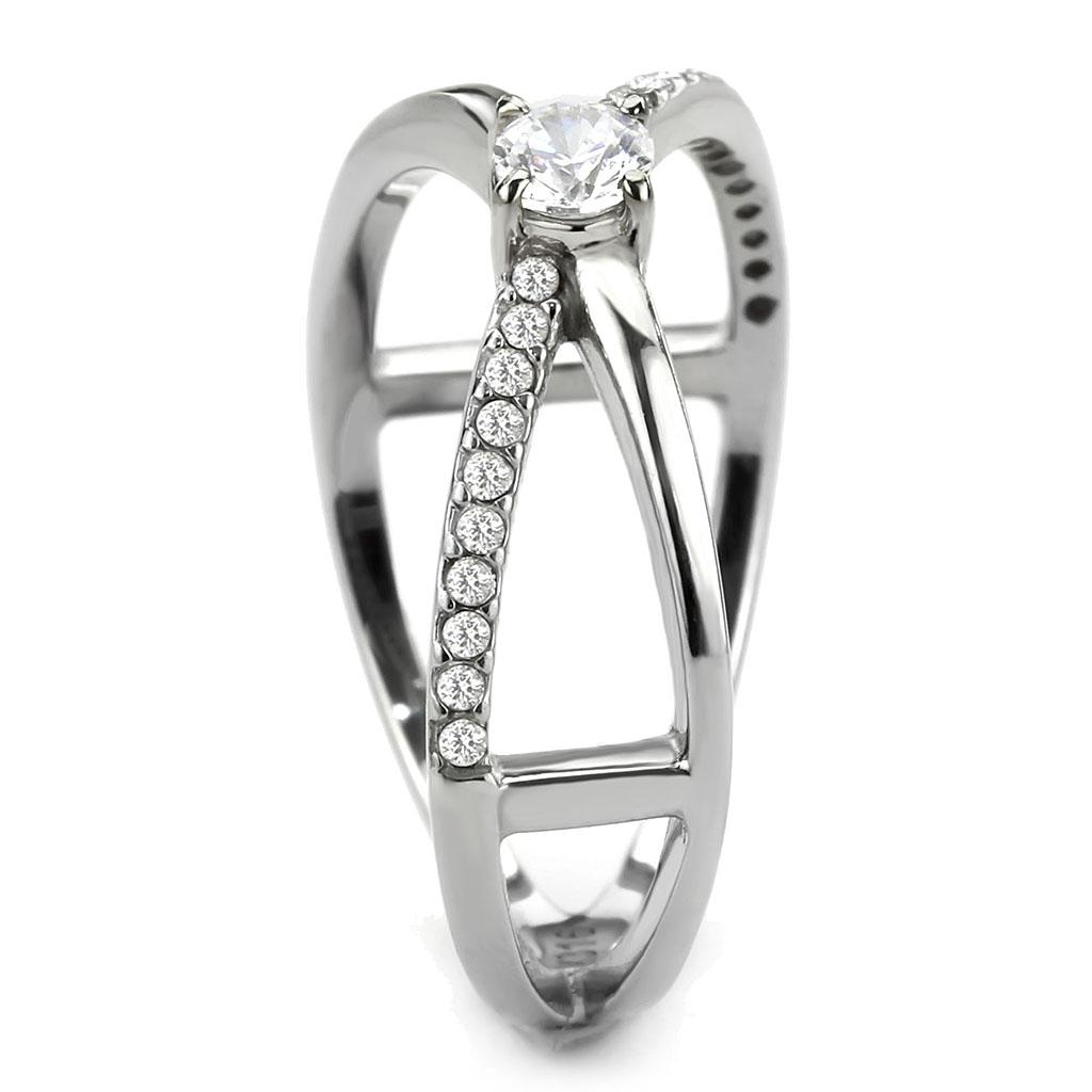 DA351 High Polished Stainless Steel Ring featuring a clear AAA Grade CZ stone, showcasing its elegant design and shiny finish.