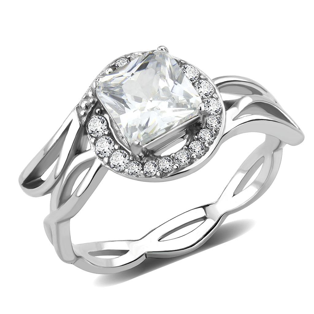 DA357 High Polished Stainless Steel Ring featuring a clear AAA Grade CZ center stone, showcasing its elegant design and shiny finish.