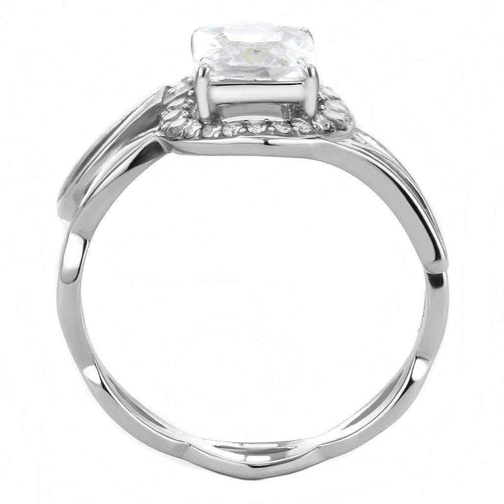 DA357 High Polished Stainless Steel Ring featuring a clear AAA Grade CZ center stone, showcasing its elegant design and shiny finish.