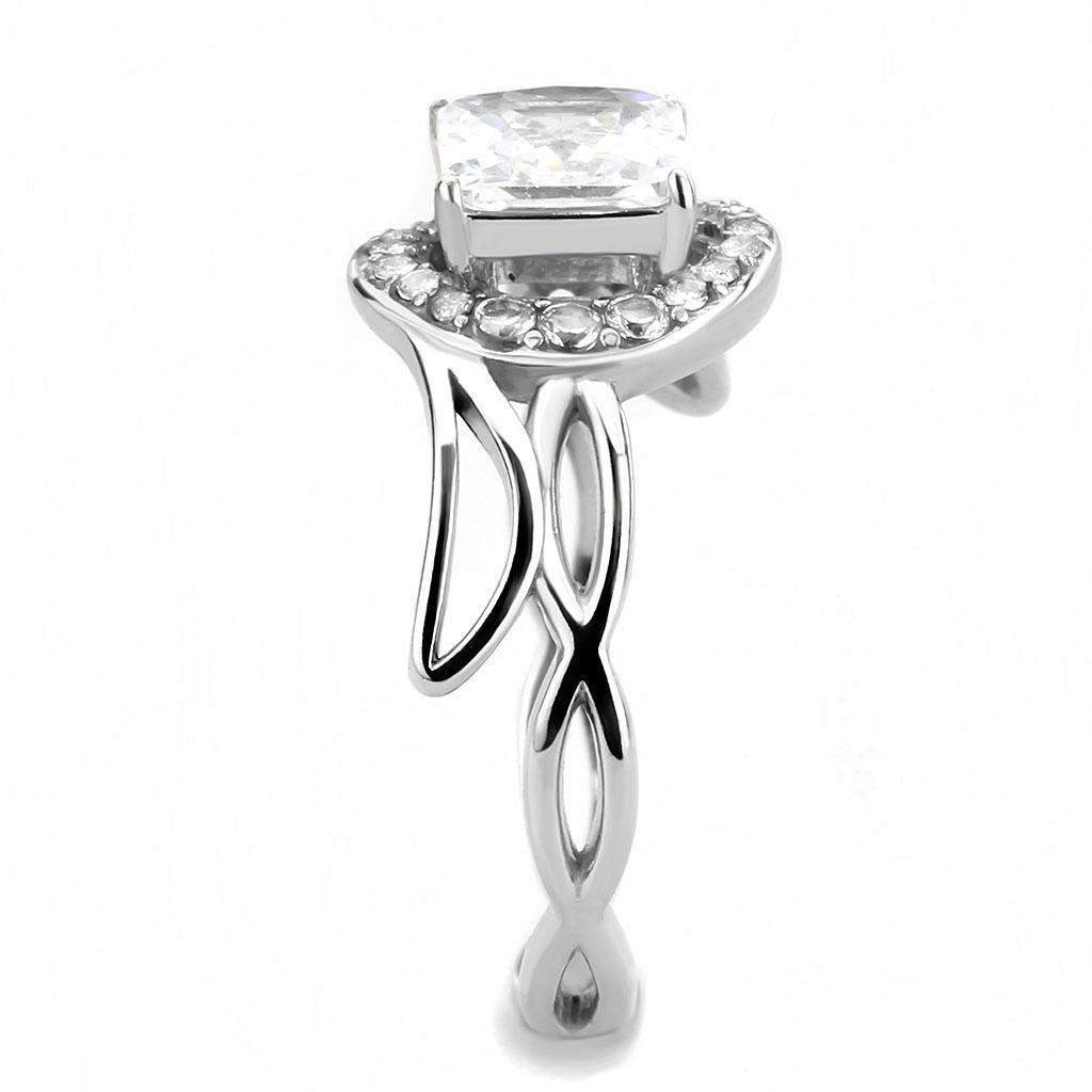 DA357 High Polished Stainless Steel Ring featuring a clear AAA Grade CZ center stone, showcasing its elegant design and shiny finish.