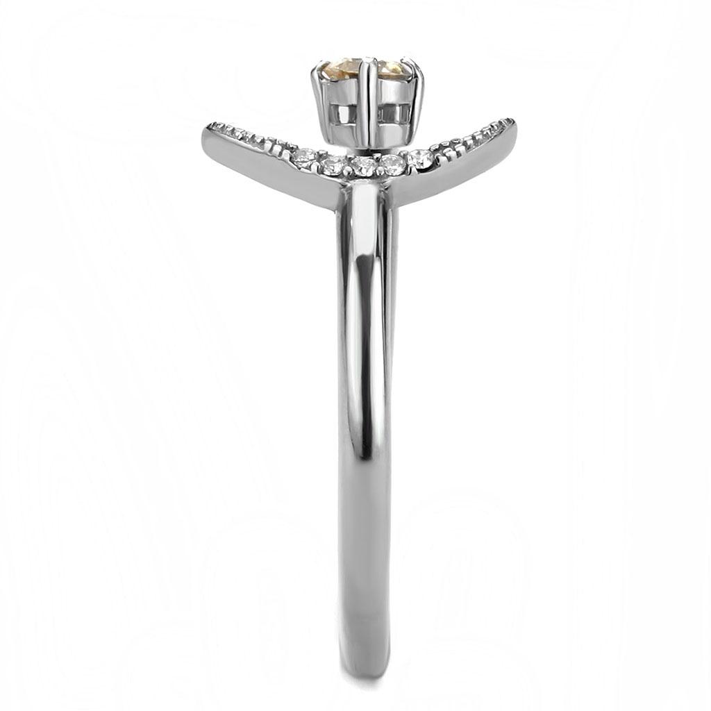 DA358 High Polished Stainless Steel Ring featuring AAA Grade champagne CZ stone, showcasing its elegant design and shine.