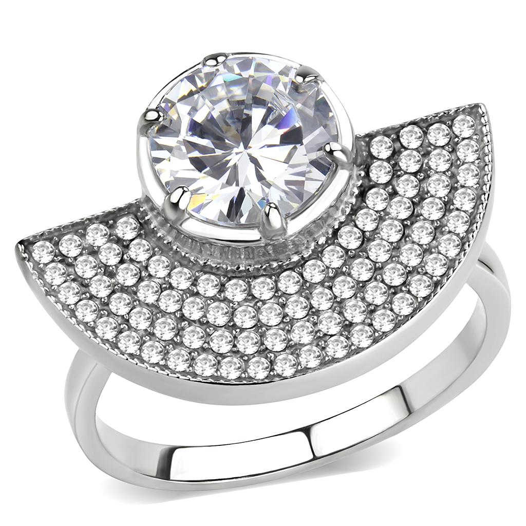 DA336 No Plating Stainless Steel Ring featuring an 8 mm AAA Grade Clear CZ stone, showcasing a sleek and elegant design.