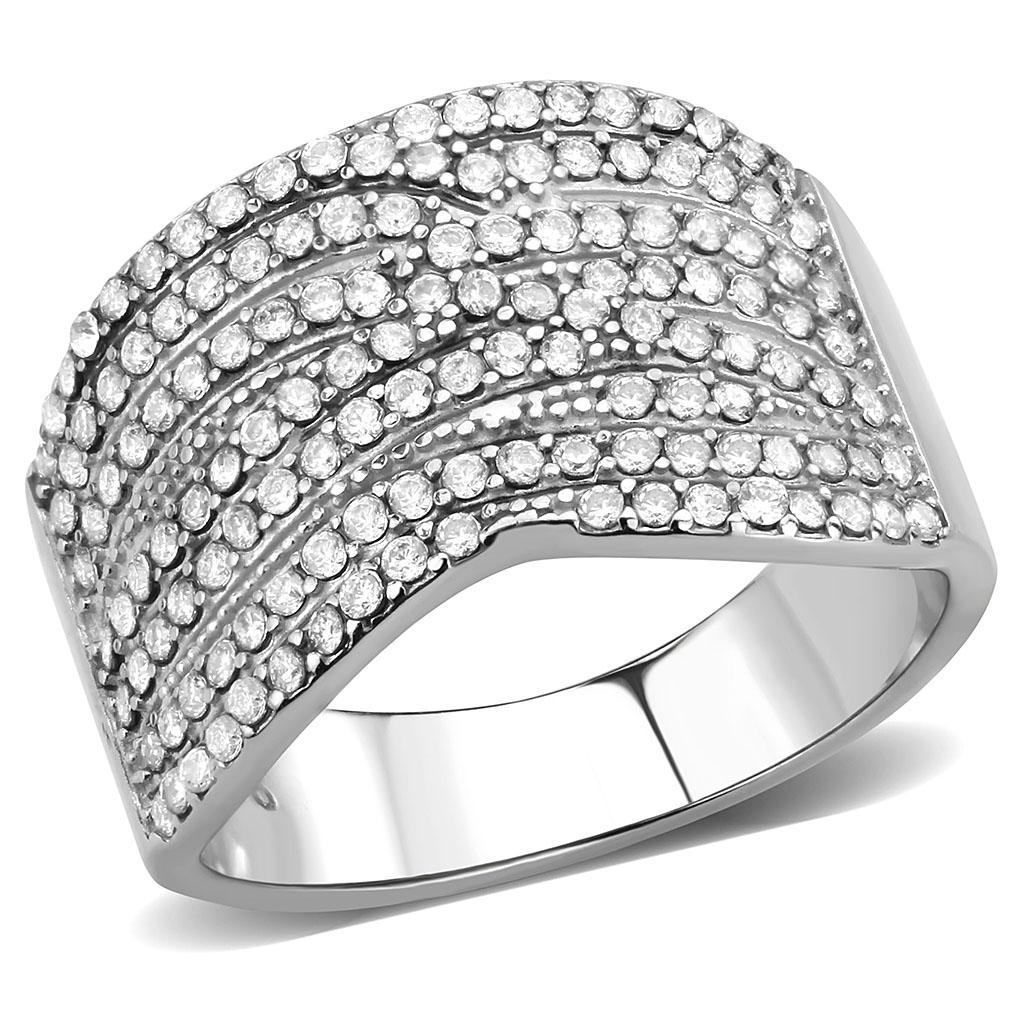 DA362 High Polished Stainless Steel Ring featuring a clear AAA Grade CZ stone, showcasing a brilliant shine and elegant design.