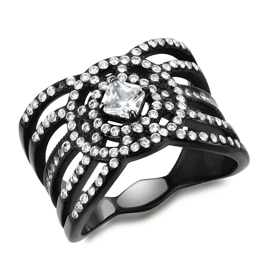 DA363 IP Black Stainless Steel Ring featuring a clear AAA Grade CZ stone, showcasing a modern and elegant design.