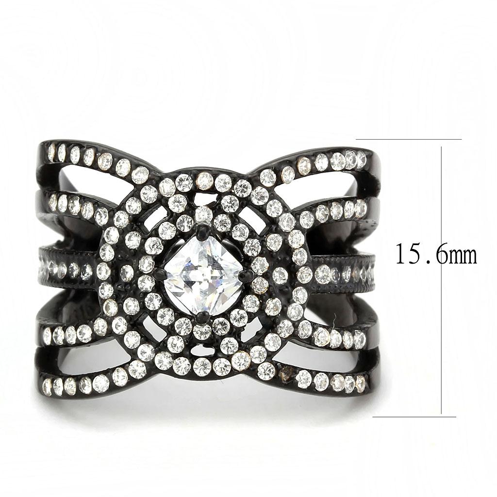 DA363 IP Black Stainless Steel Ring featuring a clear AAA Grade CZ stone, showcasing a modern and elegant design.