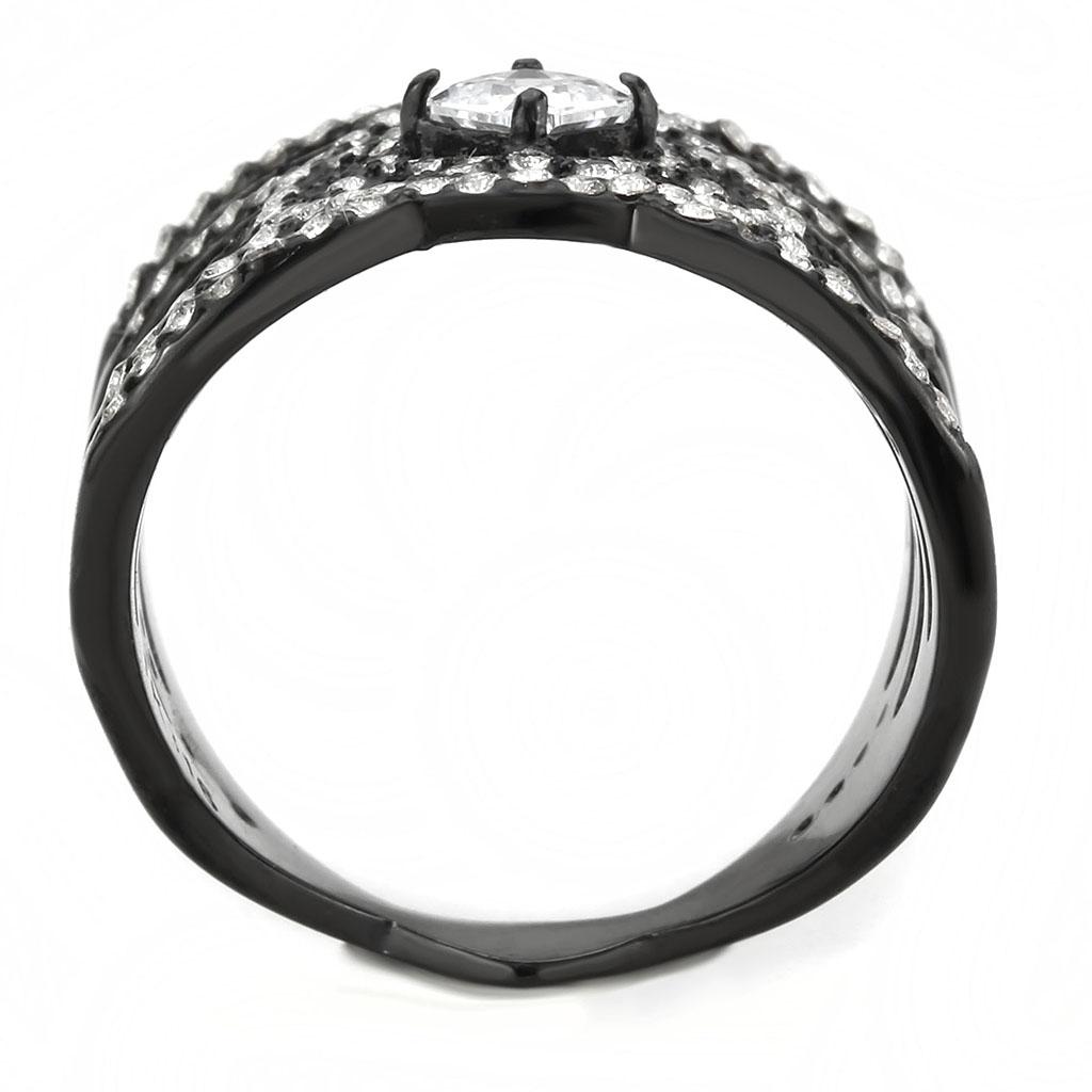 DA363 IP Black Stainless Steel Ring featuring a clear AAA Grade CZ stone, showcasing a modern and elegant design.