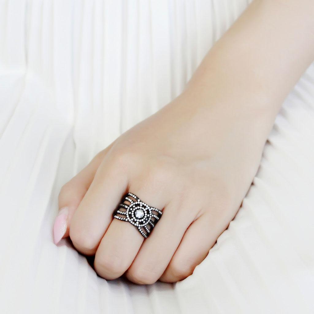 DA363 IP Black Stainless Steel Ring featuring a clear AAA Grade CZ stone, showcasing a modern and elegant design.