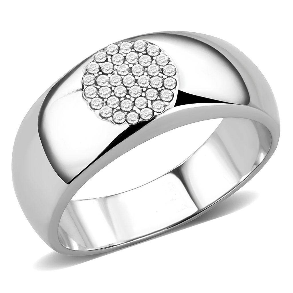 DA367 High Polished Stainless Steel Ring featuring a clear AAA Grade CZ center stone, showcasing a sleek and modern design.