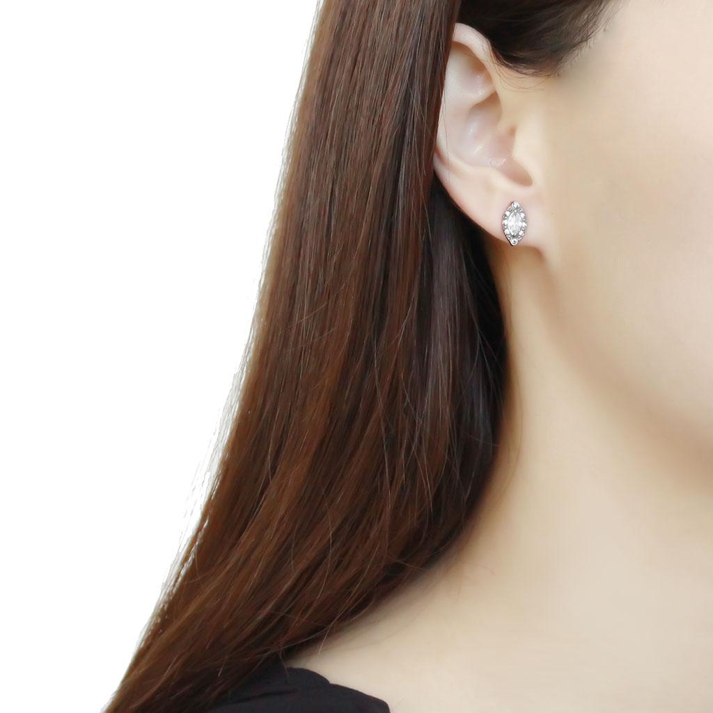 DA368 High Polished Stainless Steel Earrings featuring AAA Grade Clear CZ center stone, showcasing a sleek and elegant design.