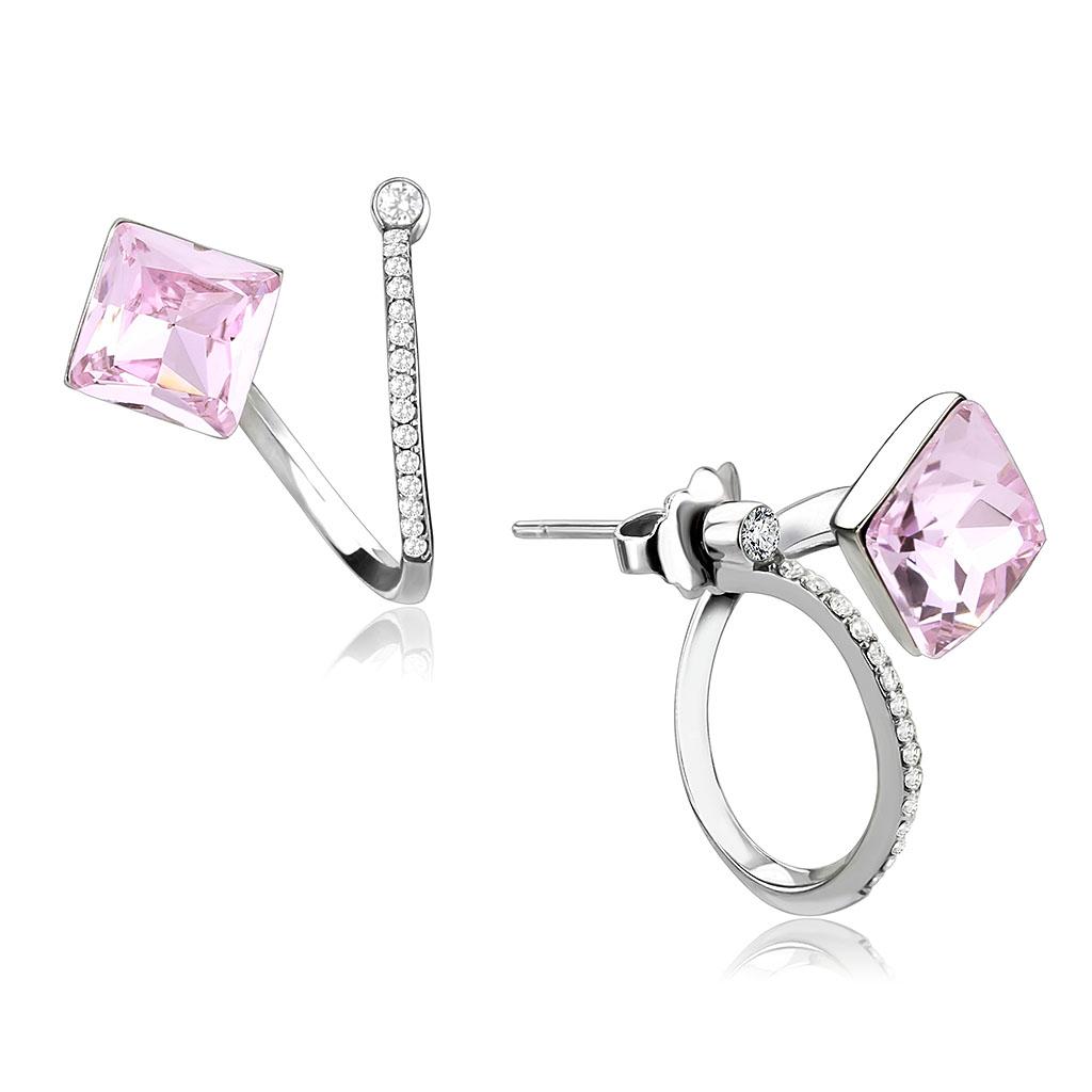 DA377 High Polished Stainless Steel Earrings featuring Light Rose Top Grade Crystal, showcasing a sleek and elegant design.