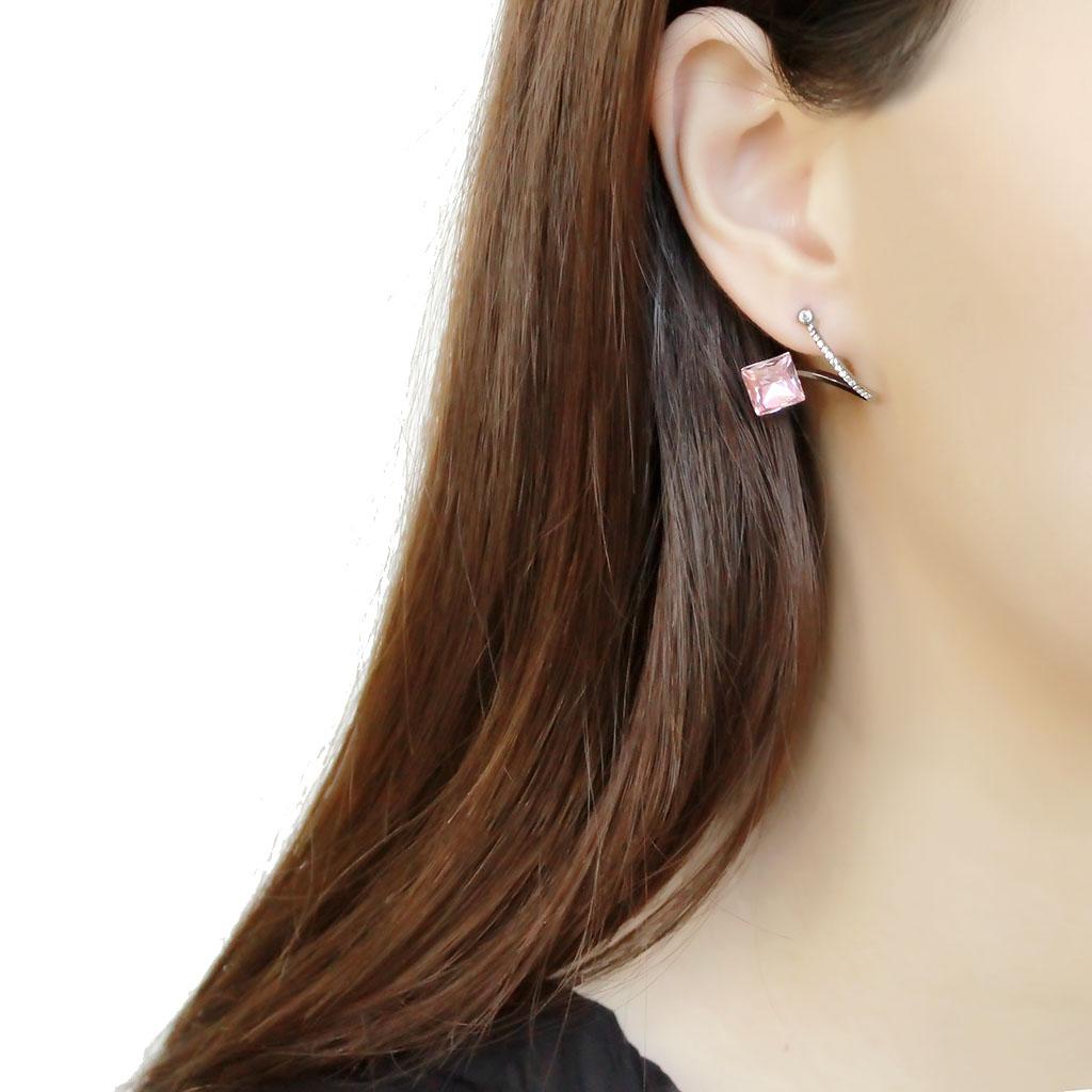 DA377 High Polished Stainless Steel Earrings featuring Light Rose Top Grade Crystal, showcasing a sleek and elegant design.