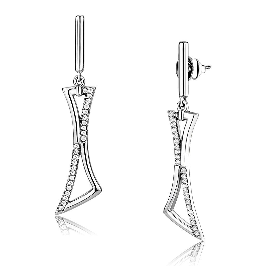 DA372 High Polished Stainless Steel Earrings featuring AAA Grade Clear CZ stone, showcasing a sleek and elegant design.