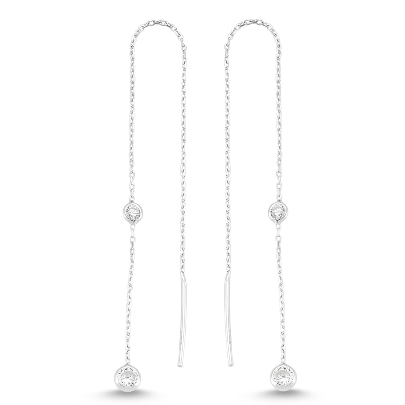 Dainty Diamond Minimalist Long Threader Earrings in 925 Sterling Silver with clear CZ crystals, showcasing elegant design and craftsmanship.