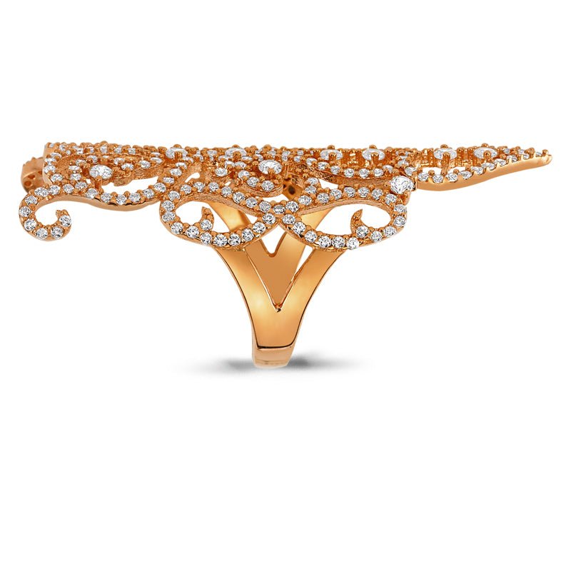 Dainty Diana Silver Long Full Finger Ring in Rose Gold with clear CZ crystals, showcasing its elegant design and craftsmanship.