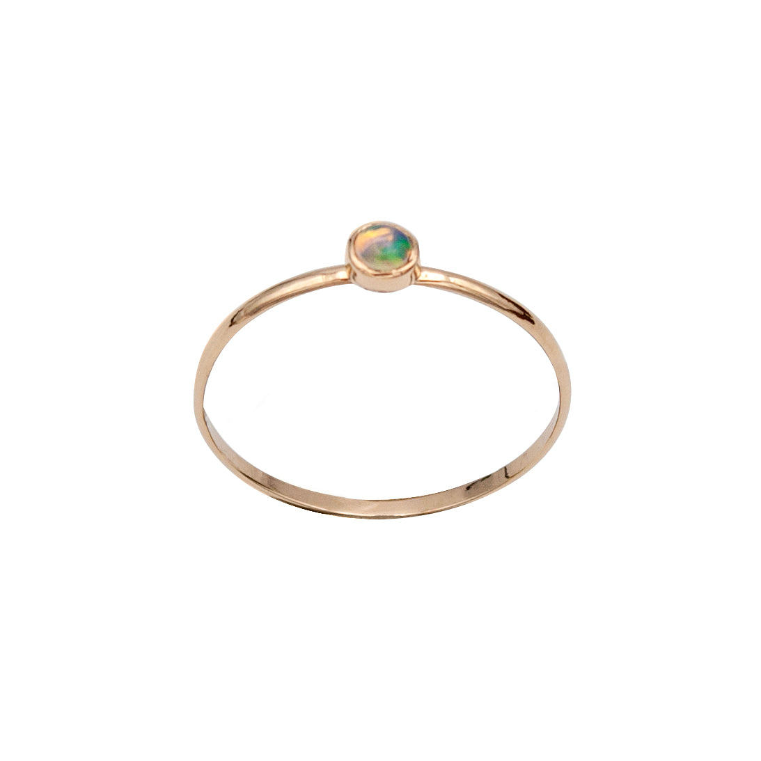 Dainty Ethiopian Opal Bezel 14k Gold Filled Ring featuring a 3mm round cabochon opal in a sleek bezel setting on a thin gold band.