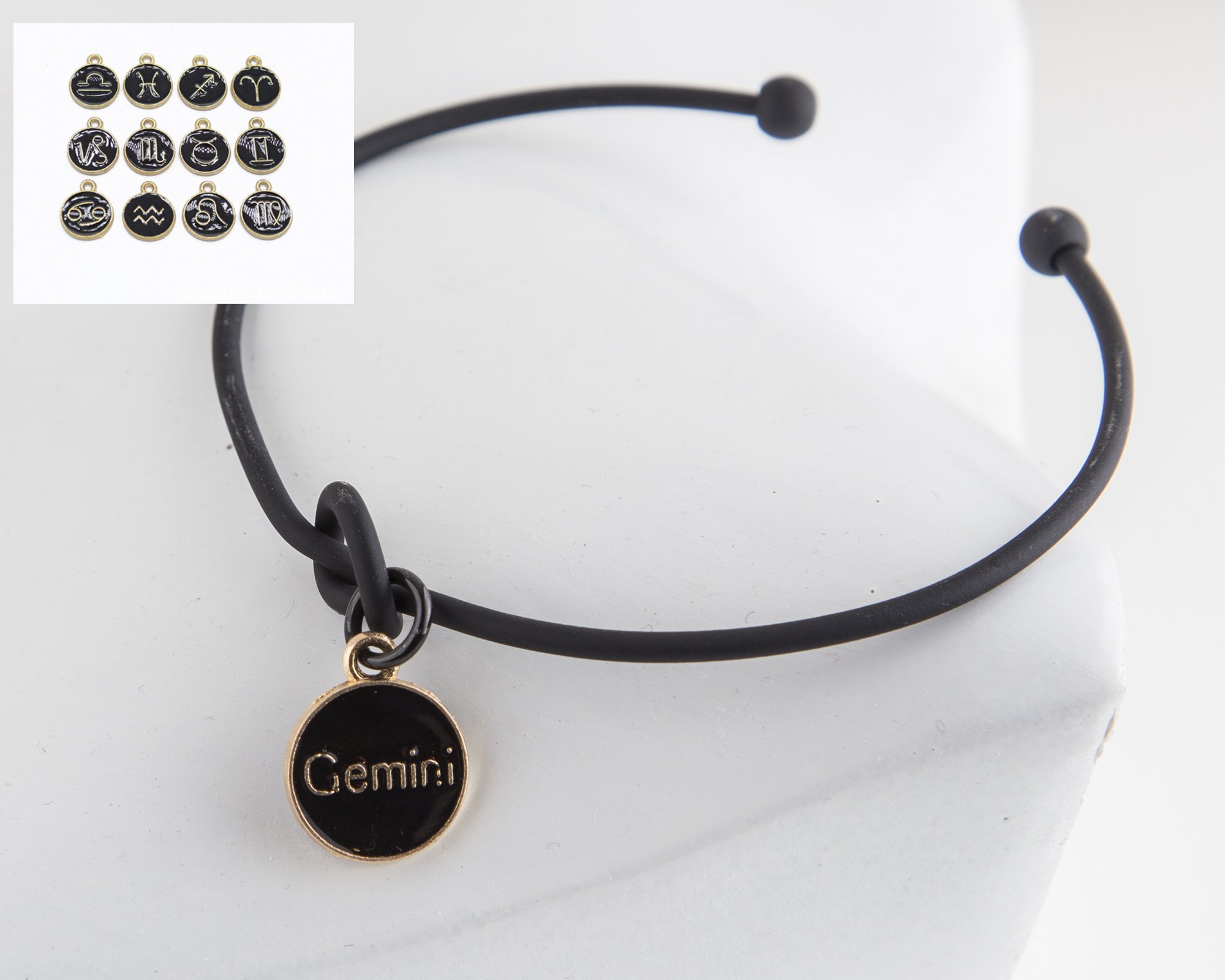 Dainty Knot Bracelet featuring a black metal wire knot design and a zodiac symbol charm, adjustable size for a perfect fit.