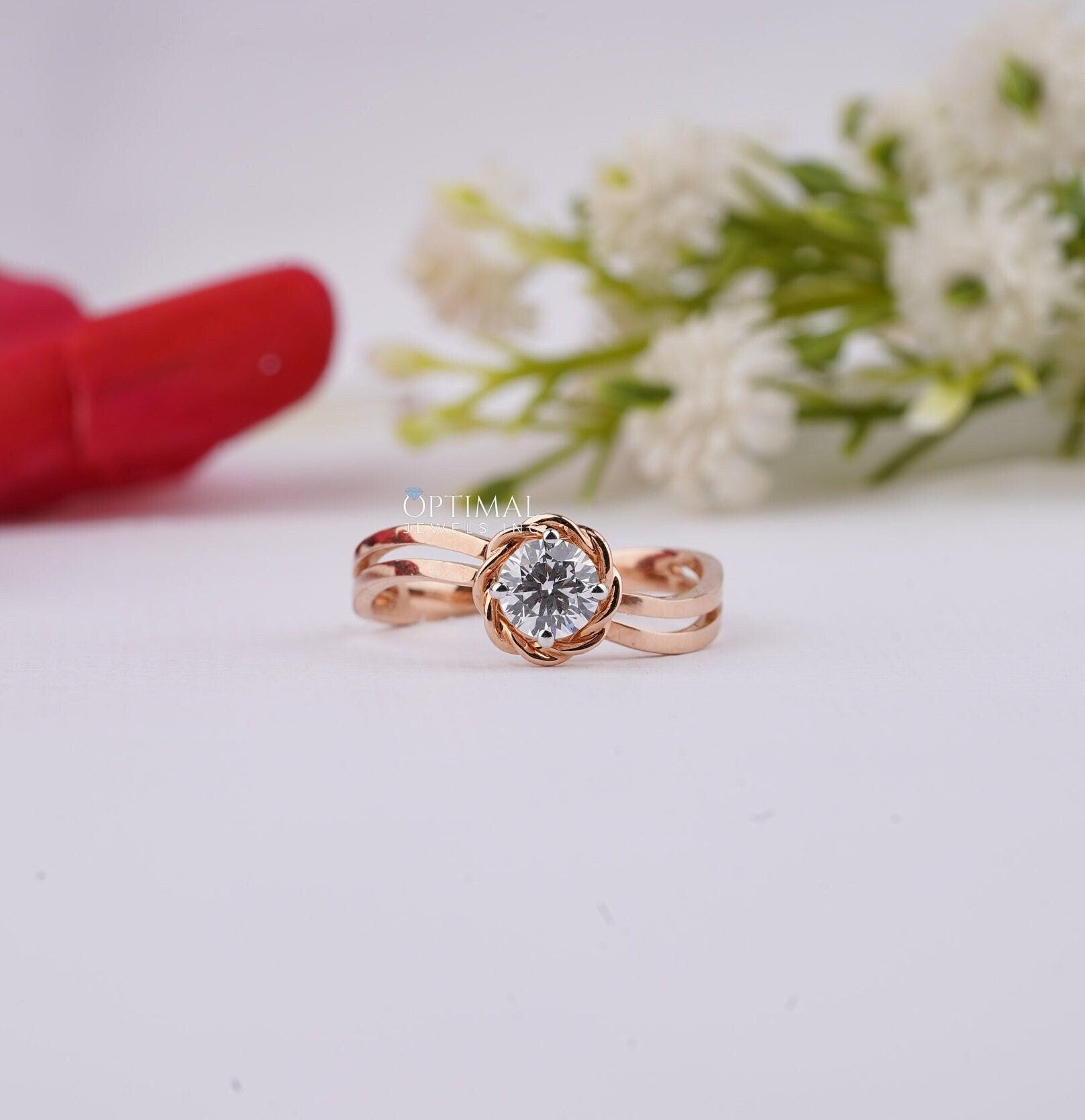 Dainty Lab Grown Diamond Ring featuring a 0.47 Ctw round cut diamond in a floral bezel setting, crafted in solid rose gold.