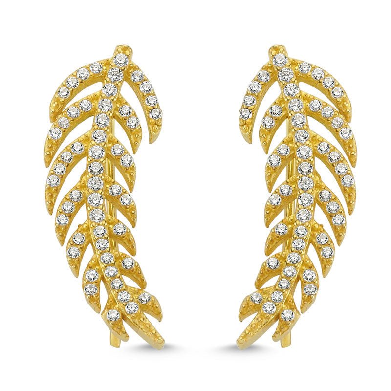 Dainty Silver Feather Ear Cuffs and Climber Earrings featuring intricate feather design and sparkling CZ crystals.