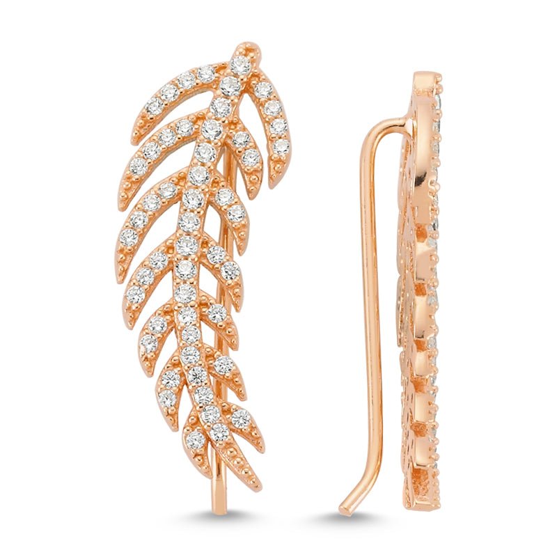 Dainty Silver Feather Ear Cuffs and Climber Earrings featuring intricate feather design and sparkling CZ crystals.