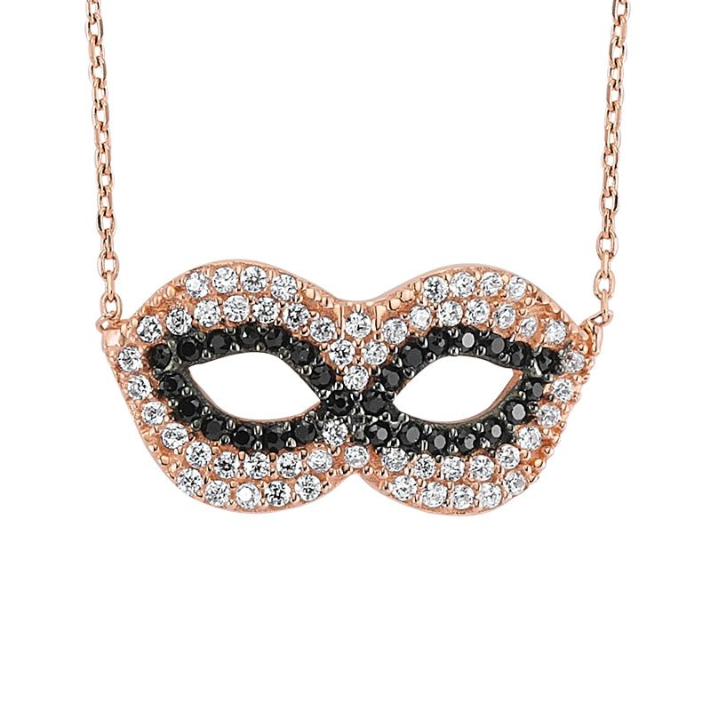 Dainty Silver Masquerade Mask Necklace in Rose Gold with CZ crystal pendant on a silver chain.