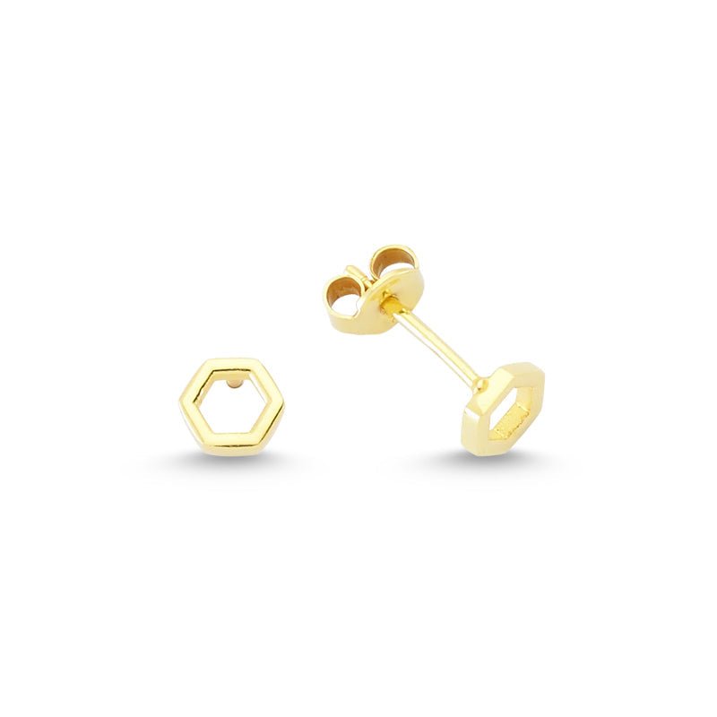 Dainty Silver Simple Minimalist Hexagon Studs Earring made of 925 Sterling Silver with CZ crystals, showcasing a modern hexagon design.