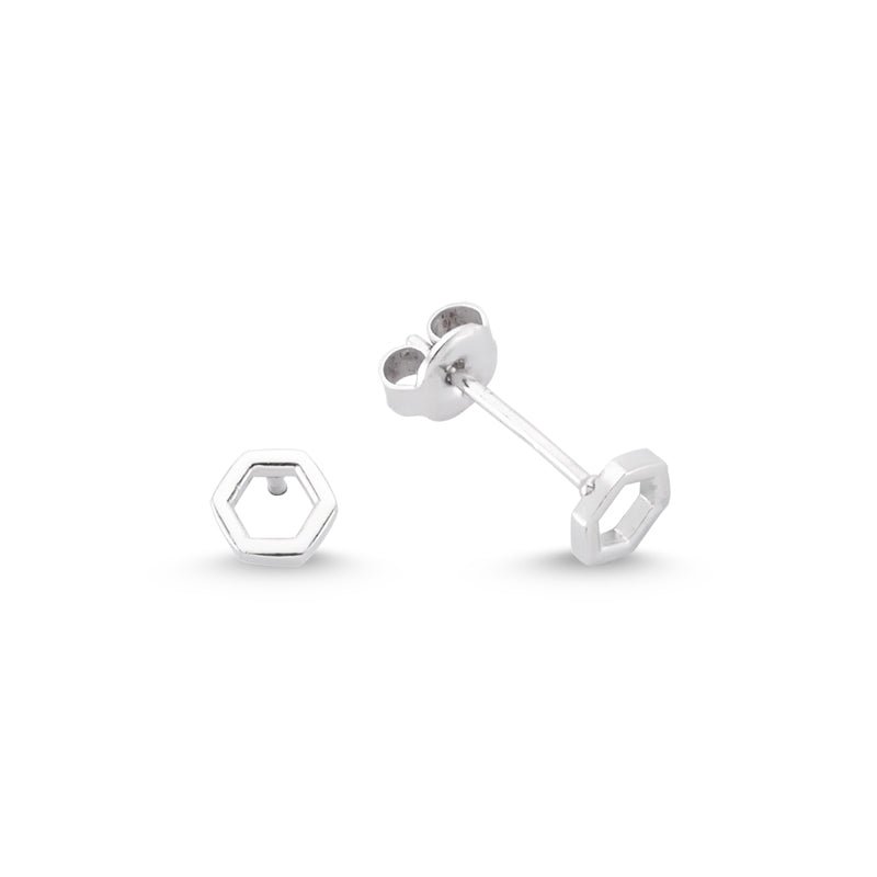 Dainty Silver Simple Minimalist Hexagon Studs Earring made of 925 Sterling Silver with CZ crystals, showcasing a modern hexagon design.