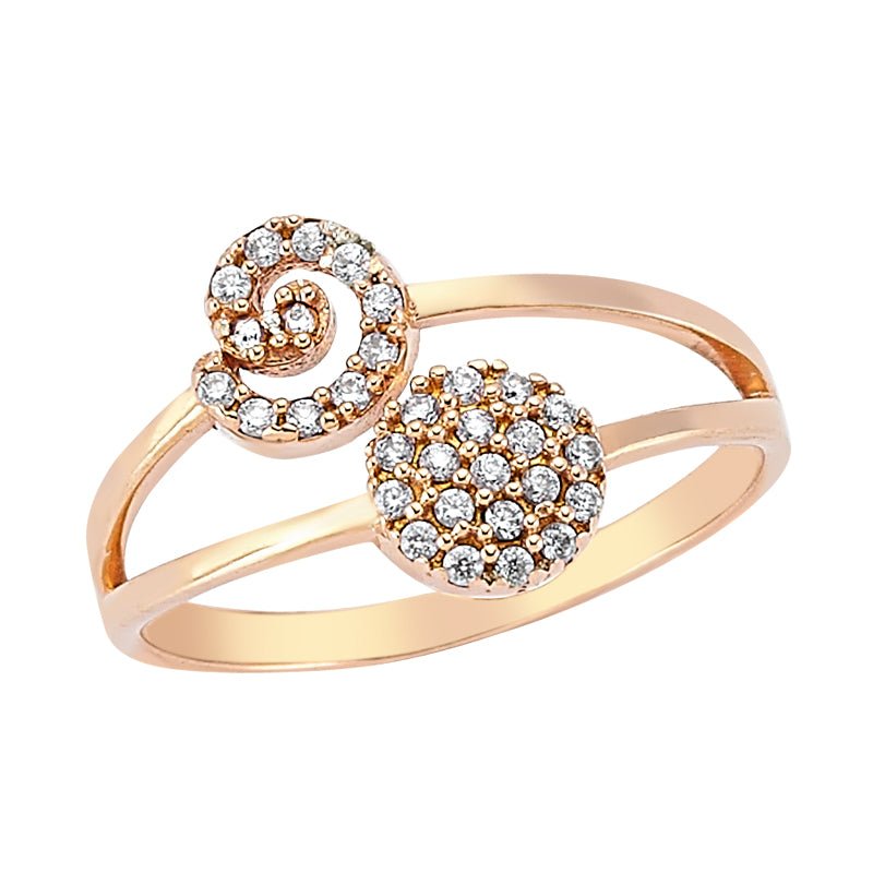 Dainty Spiral Wave and Circle Silver Ring made of 925 Sterling Silver with 18k Rose Gold plating and CZ crystals, showcasing an elegant design.