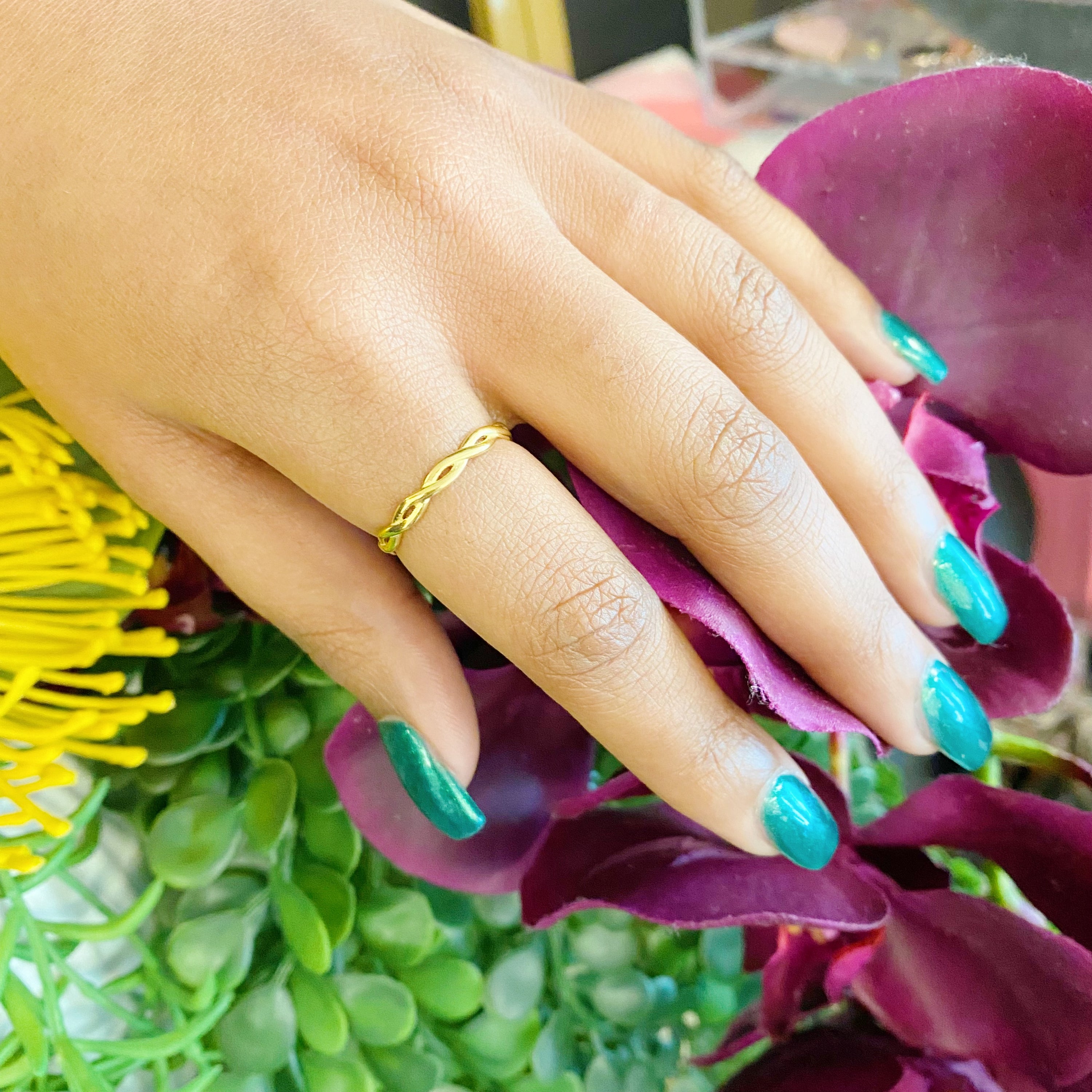 Dainty Twisted Rope Ring in gold plated stainless steel, featuring a delicate twisted design, perfect for layering or wearing alone.